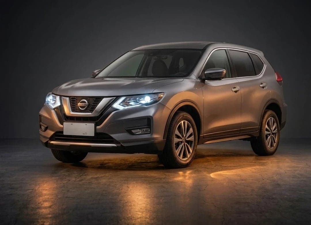 Nissan X-Trail gris en estudio, vista frontal tres cuartos